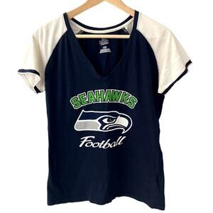 Seattle Seahawks V Neck Raglan Short Sleeve Tee - Blue White Green - Large